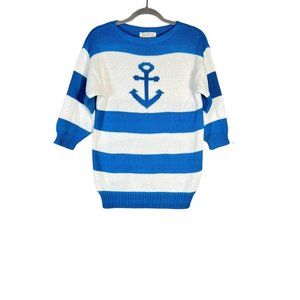 Vintage Jantzen Nautical Sweater 3/4 Sleeve Medium Blue White Stripe Crochet